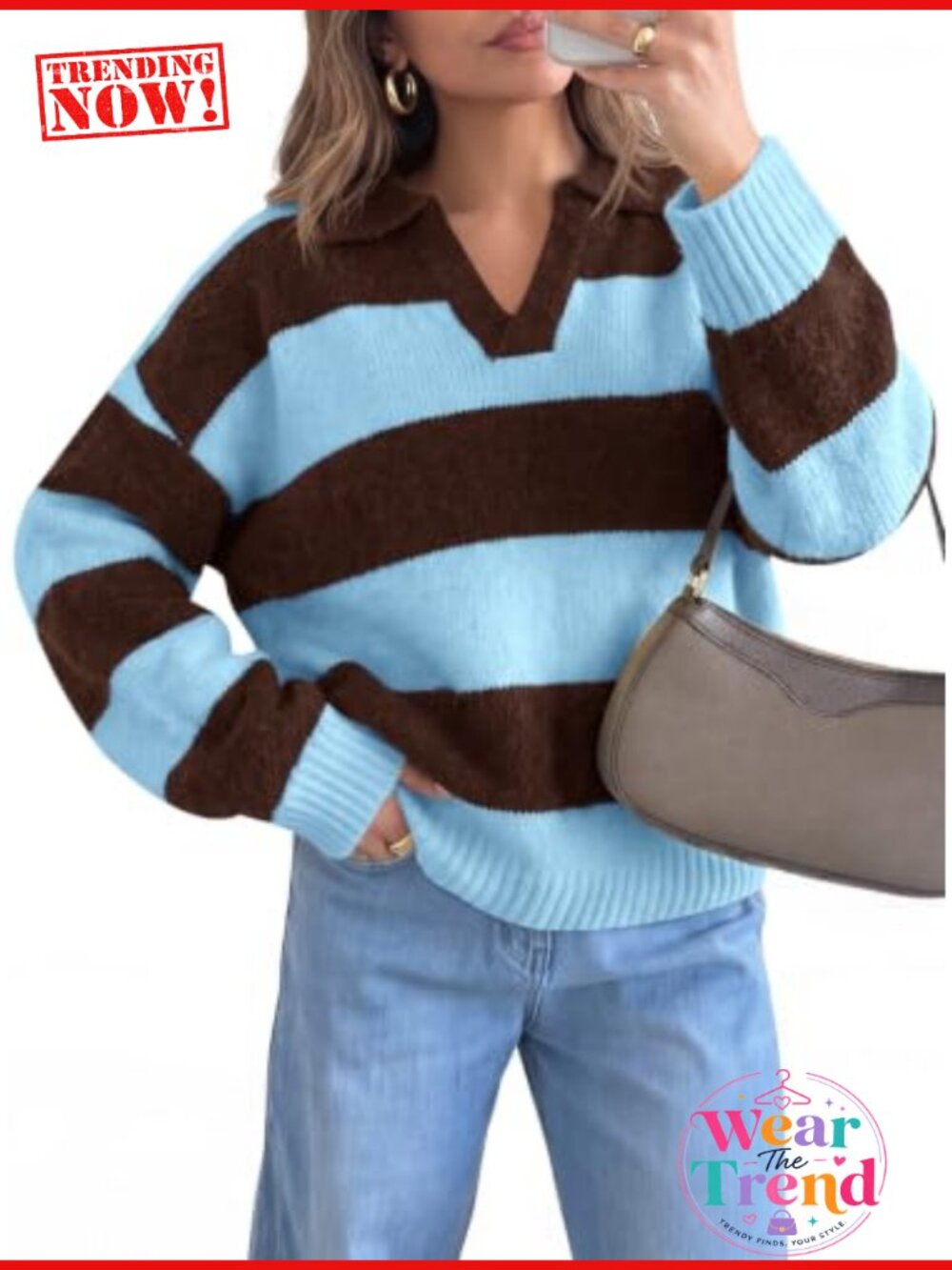 Womens Striped Polo V Neck Sweater Color Block Pullover